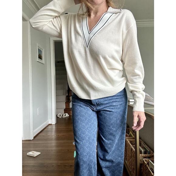 SANDRO Off-White Wool Knit Sequin Collar V-Neck Sweater Size 36 - Picture 4 of 12